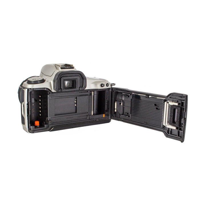 ClubCamera.com silver Canon EOS Rebel G rear view with open film door showing orange advance lever and internal components