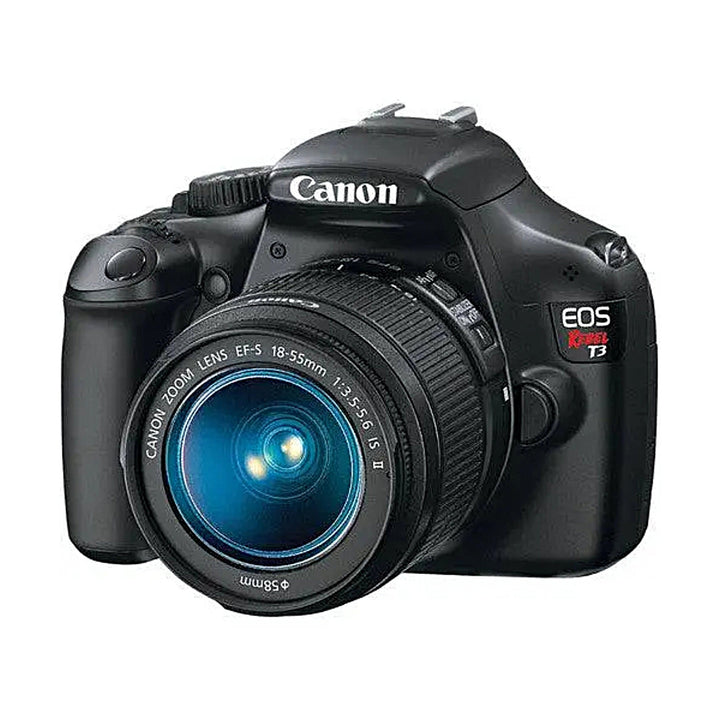 Front shot of black Canon EOS Rebel T3 DSLR camera with EF-S 18-55mm lens from ClubCamera