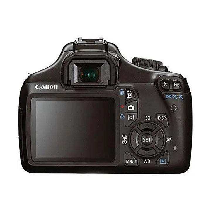Black Canon EOS Rebel T3 rear view showing LCD screen and control buttons without lens