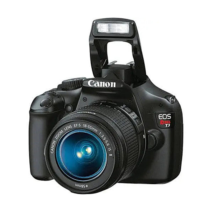 Canon EOS Rebel T3 DSLR with raised flash and EF-S 18-55mm lens at ClubCamera.com
