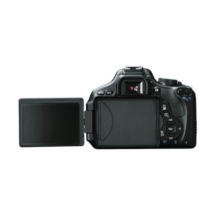 Rear view of Canon EOS Rebel T3i DSLR with vari-angle LCD screen flipped out at ClubCamera.com showing control pad and menu buttons