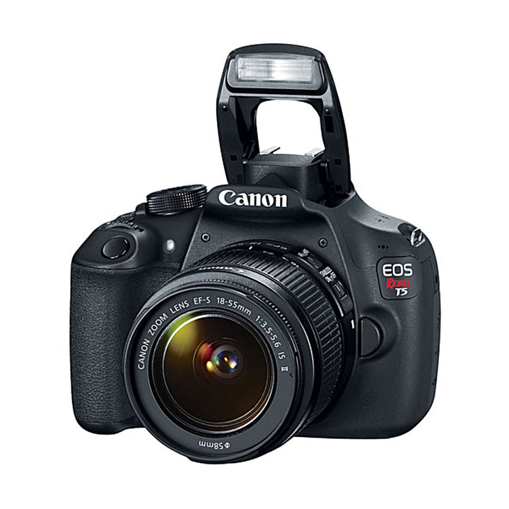 Canon EOS Rebel T5 DSLR with raised flash unit black front view ClubCamera