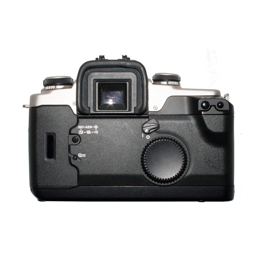 Rear view of Canon EOS Elan II SLR showing ISO-AEB dial and AF-MF switch at ClubCamera.com