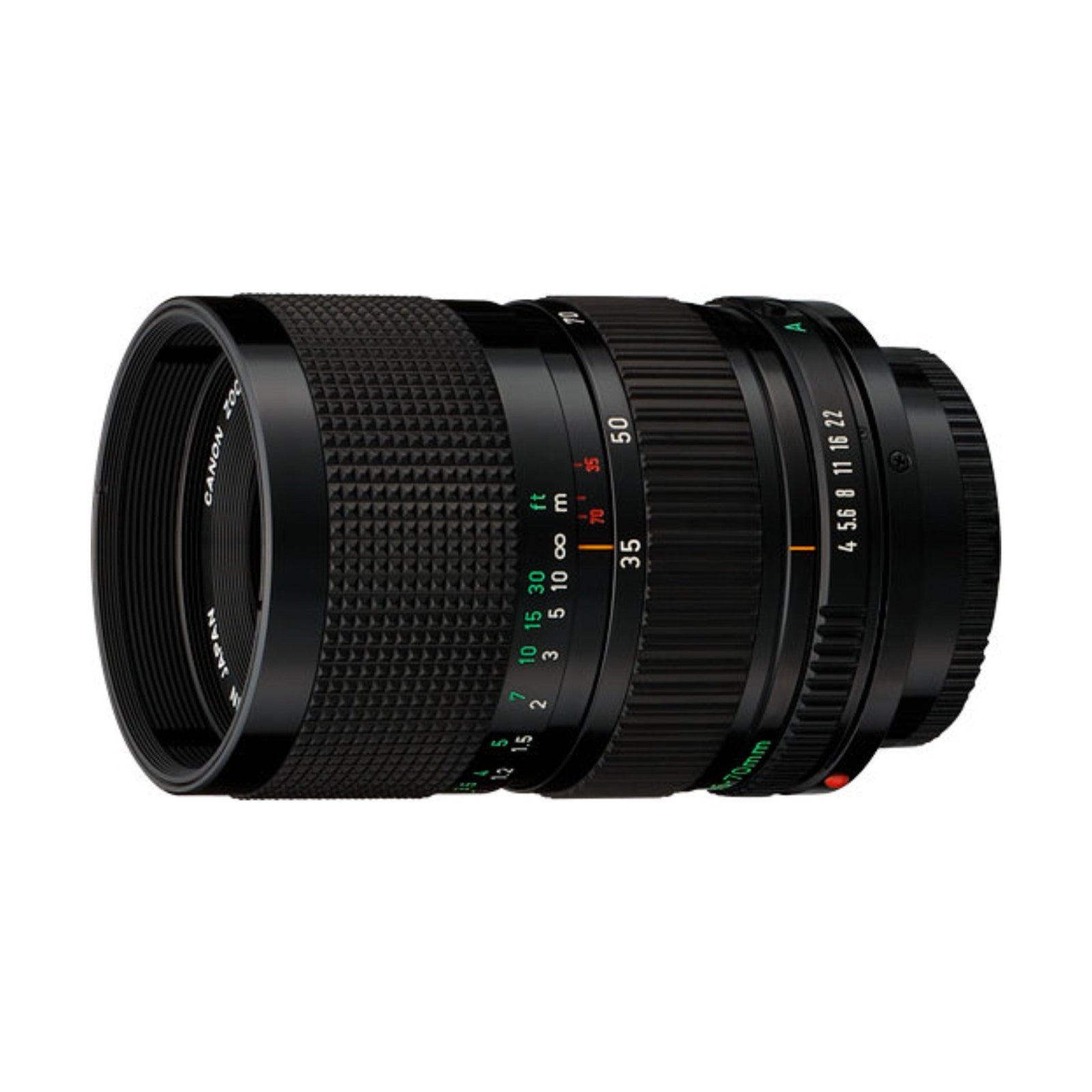 Canon FD 35-70mm f/4 MF Zoom Lens side profile with green markings and red aperture values at ClubCamera.com
