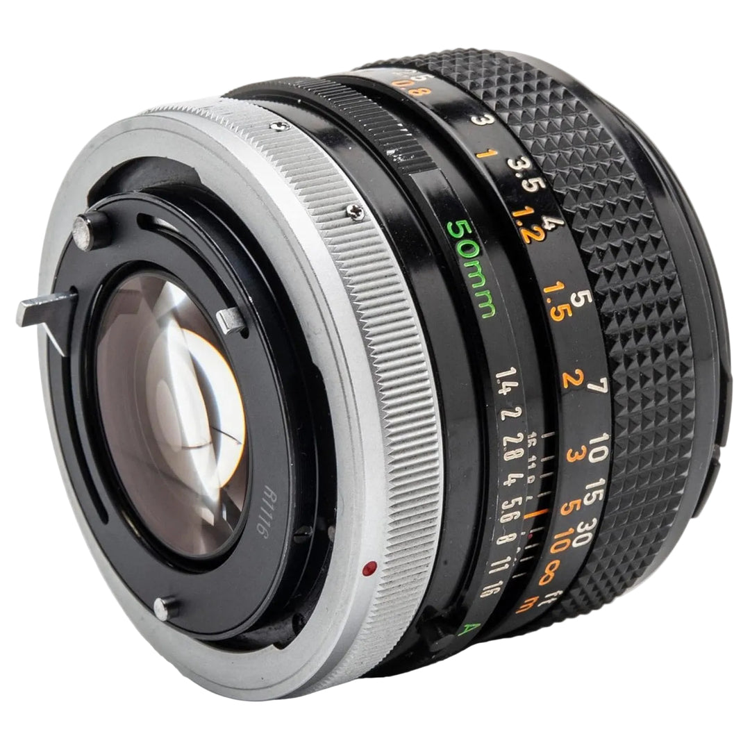 FD-mount 50mm lens for Canon AE-1 A-1 film cameras with visible R1116 serial code at ClubCamera.com