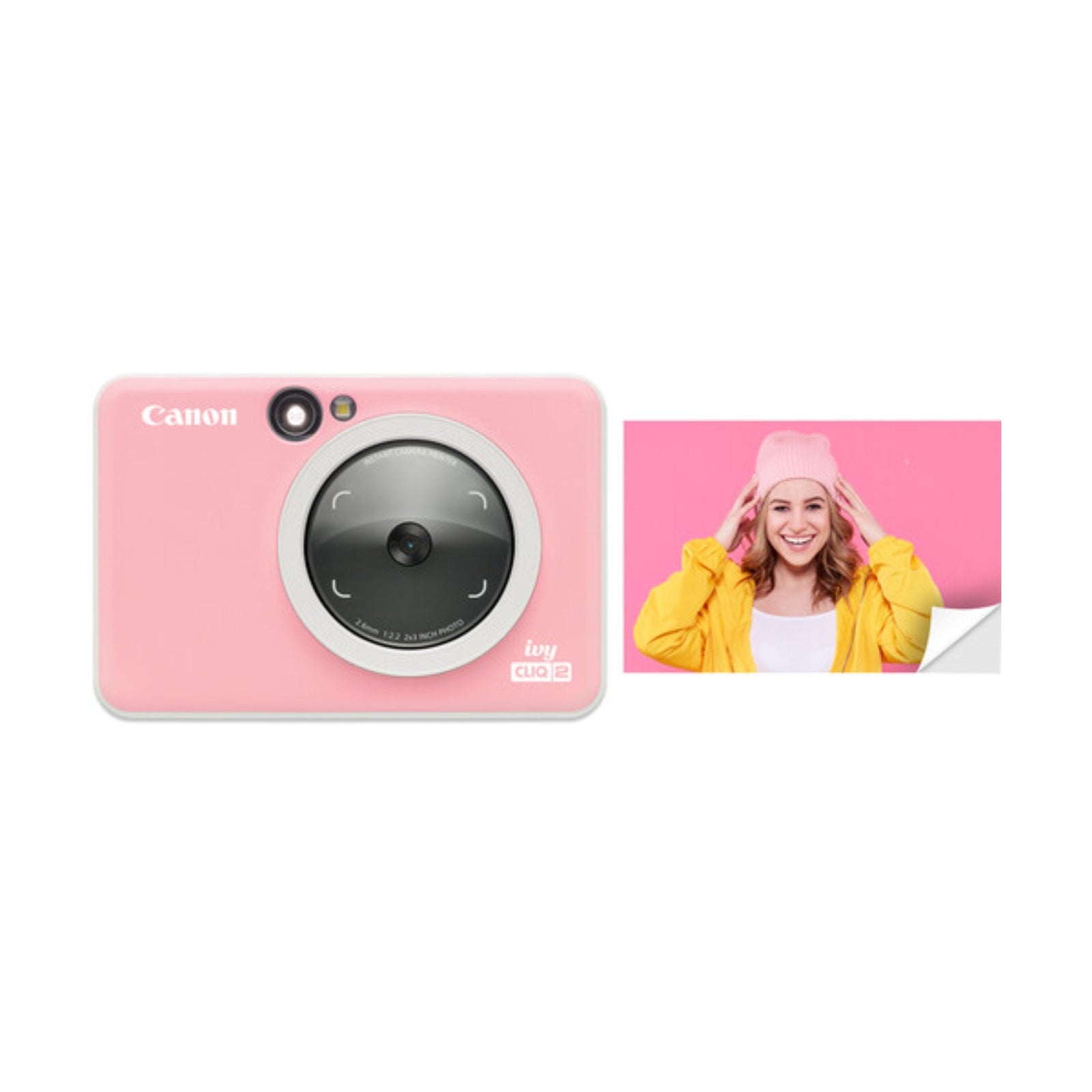 Canon Ivy Cliq2 Petal Pink instant camera with peel-and-stick photo at ClubCamera.com