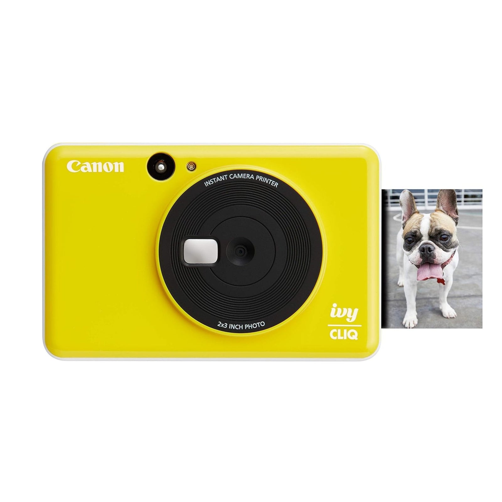Canon Ivy Cliq yellow instant printer with peel-and-stick French bulldog photo output from ClubCamera.com