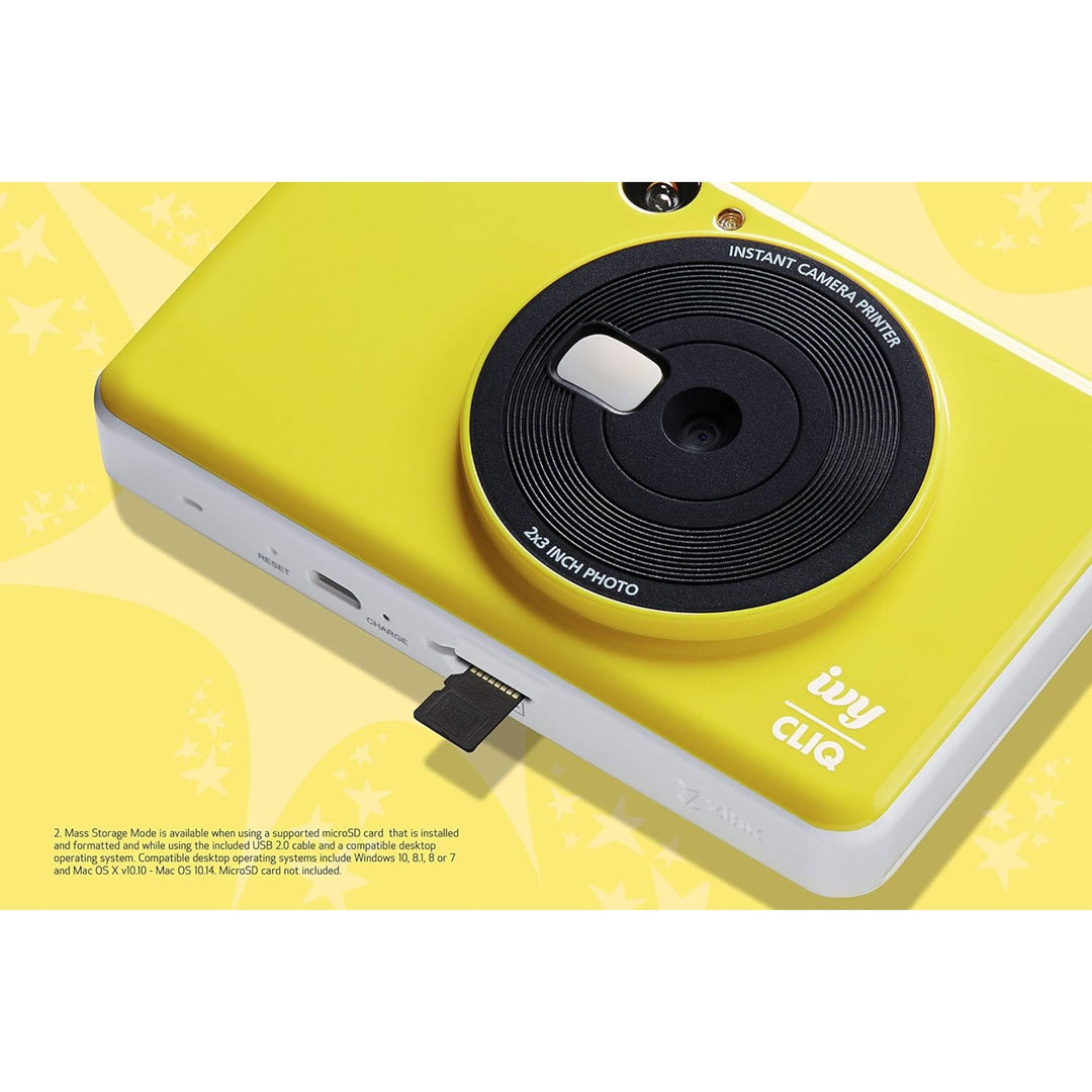 Canon Ivy Cliq Bumblebee Yellow instant camera with ZINK technology and microSD slot at ClubCamera.com