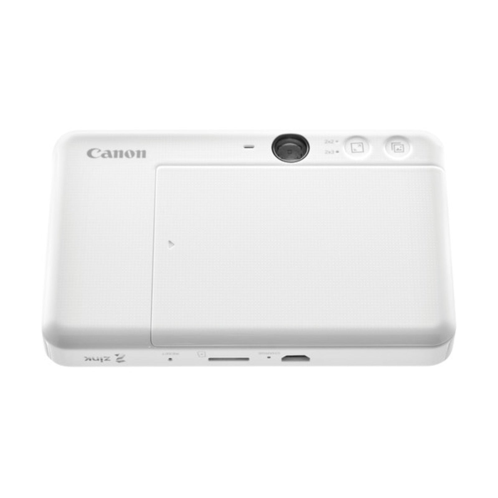 Canon Ivy Cliq Plus Pearl White instant camera printer top view with ZINK logo and microSD slot at ClubCamera.com