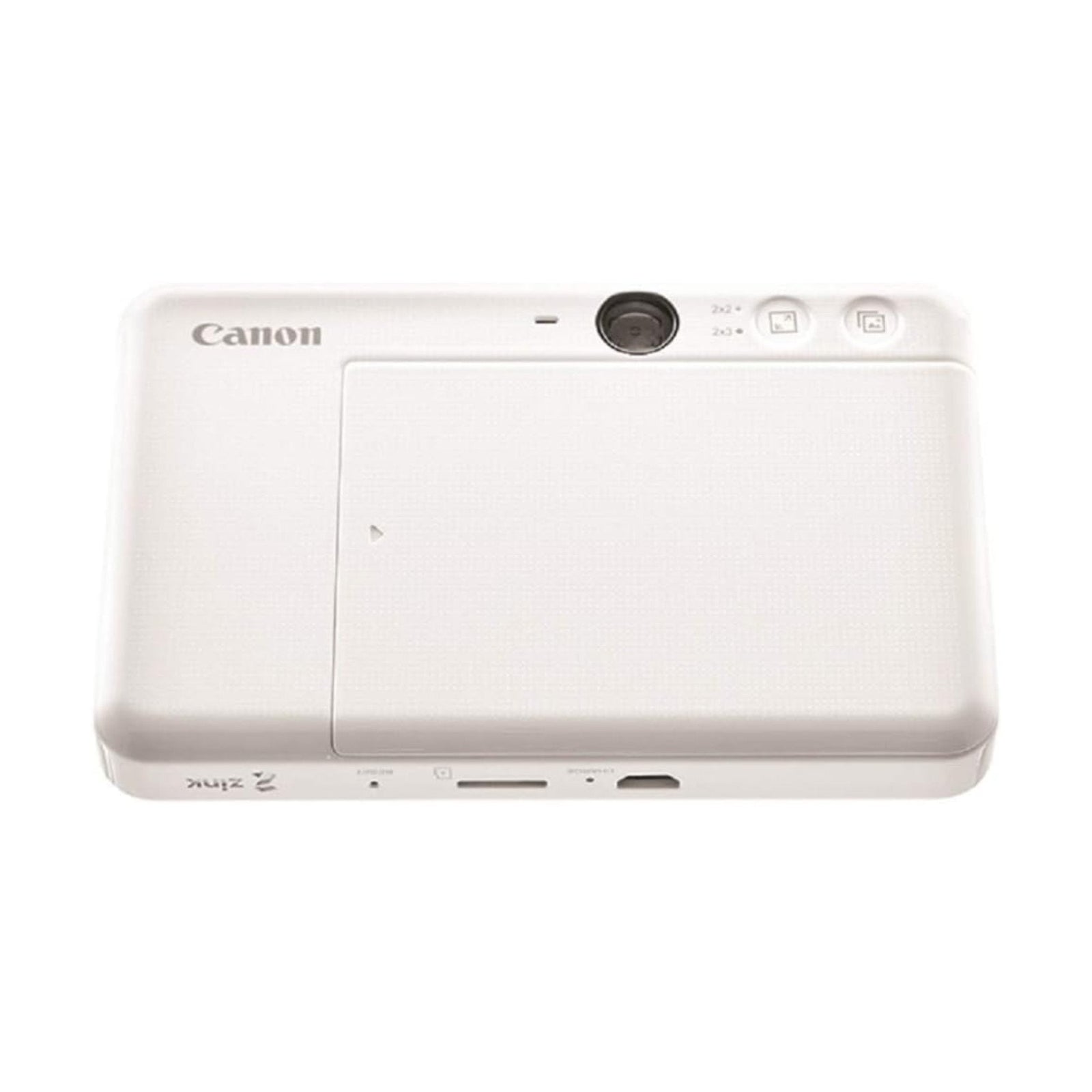 Rear view of Canon Ivy Cliq Plus white ZINK photo printer showing microSD slot, charging port, and 2x3 print buttons at ClubCamera.com
