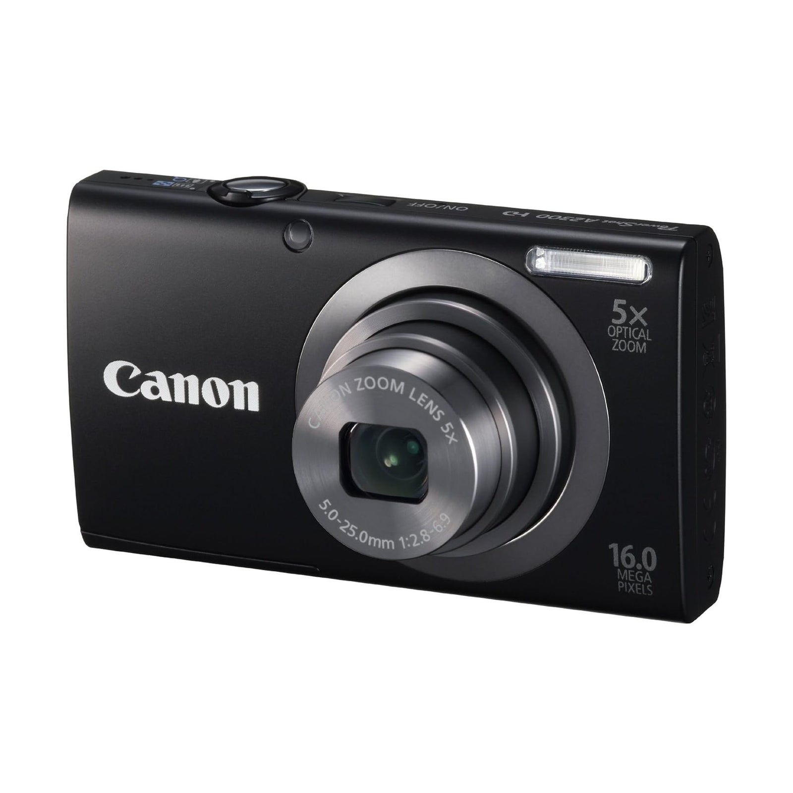 Black Canon PowerShot A2300 IS digital camera with silver lens barrel and 5x zoom at ClubCamera.com