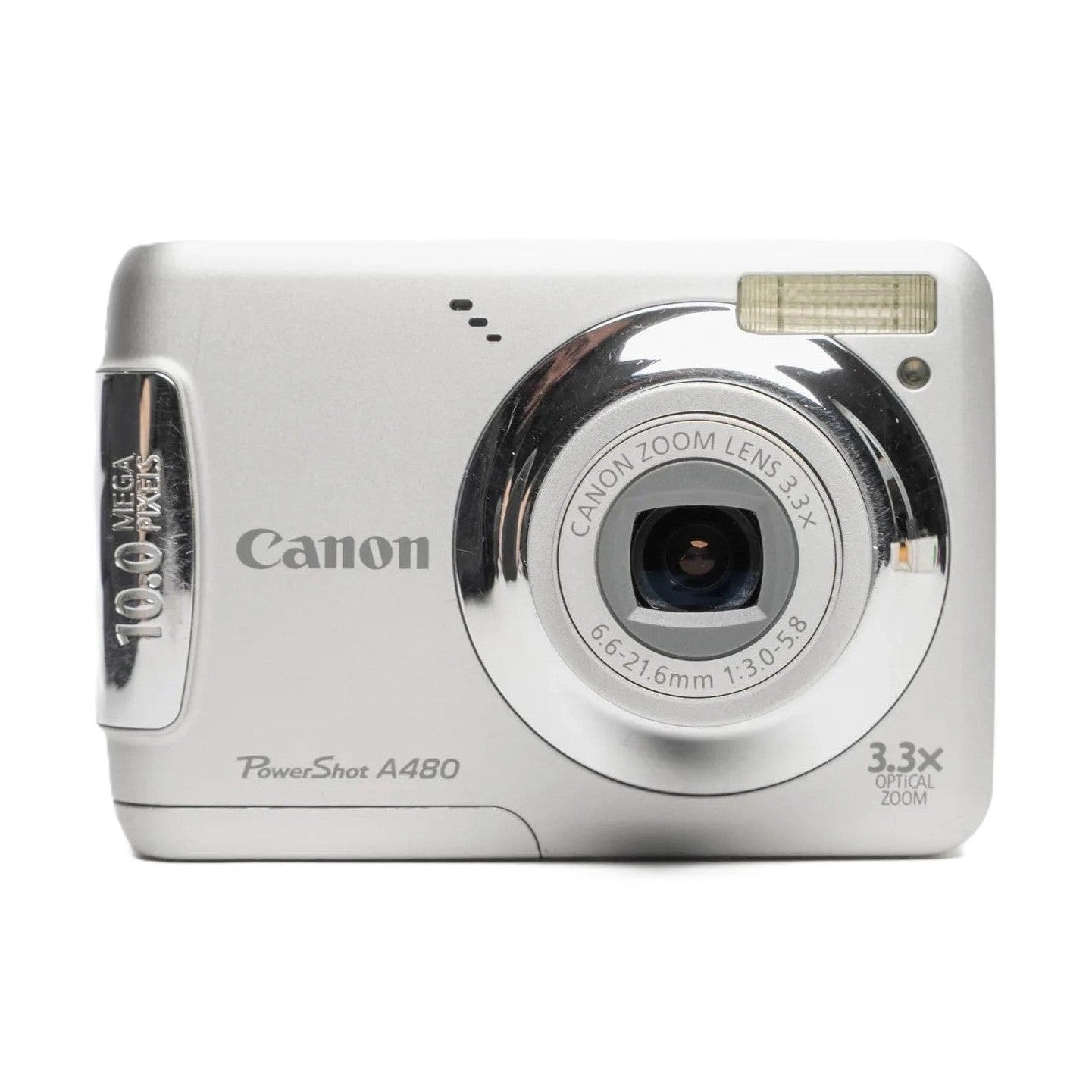 ClubCamera.com front view of silver Canon PowerShot A480 10MP point-and-shoot with 3.3x optical zoom lens