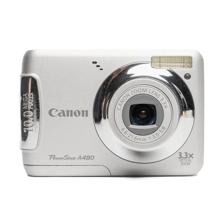 ClubCamera.com front view of silver Canon PowerShot A480 10MP point-and-shoot with 3.3x optical zoom lens