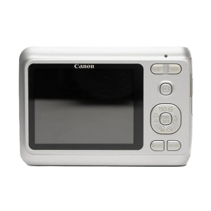 ClubCamera.com rear view of silver Canon PowerShot A480 digital camera with LCD screen and control buttons