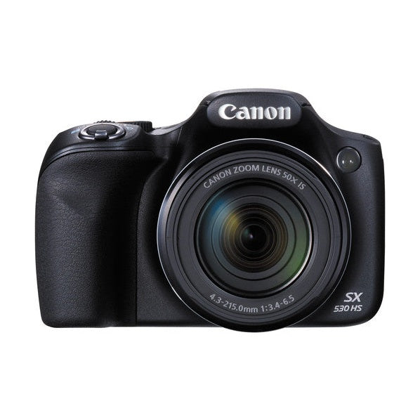 Front shot of black Canon PowerShot SX530 HS bridge camera highlighting 50x zoom lens and branding at ClubCamera.com