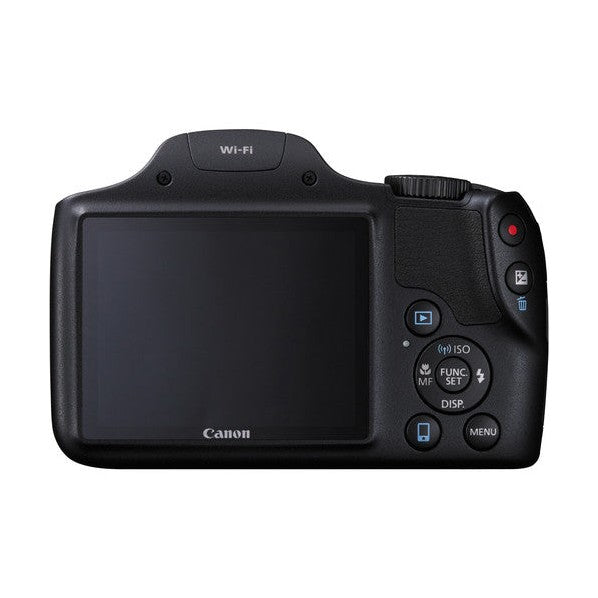 Rear view of black Canon PowerShot SX530 HS showing LCD screen, Wi-Fi label, and control buttons from ClubCamera.com