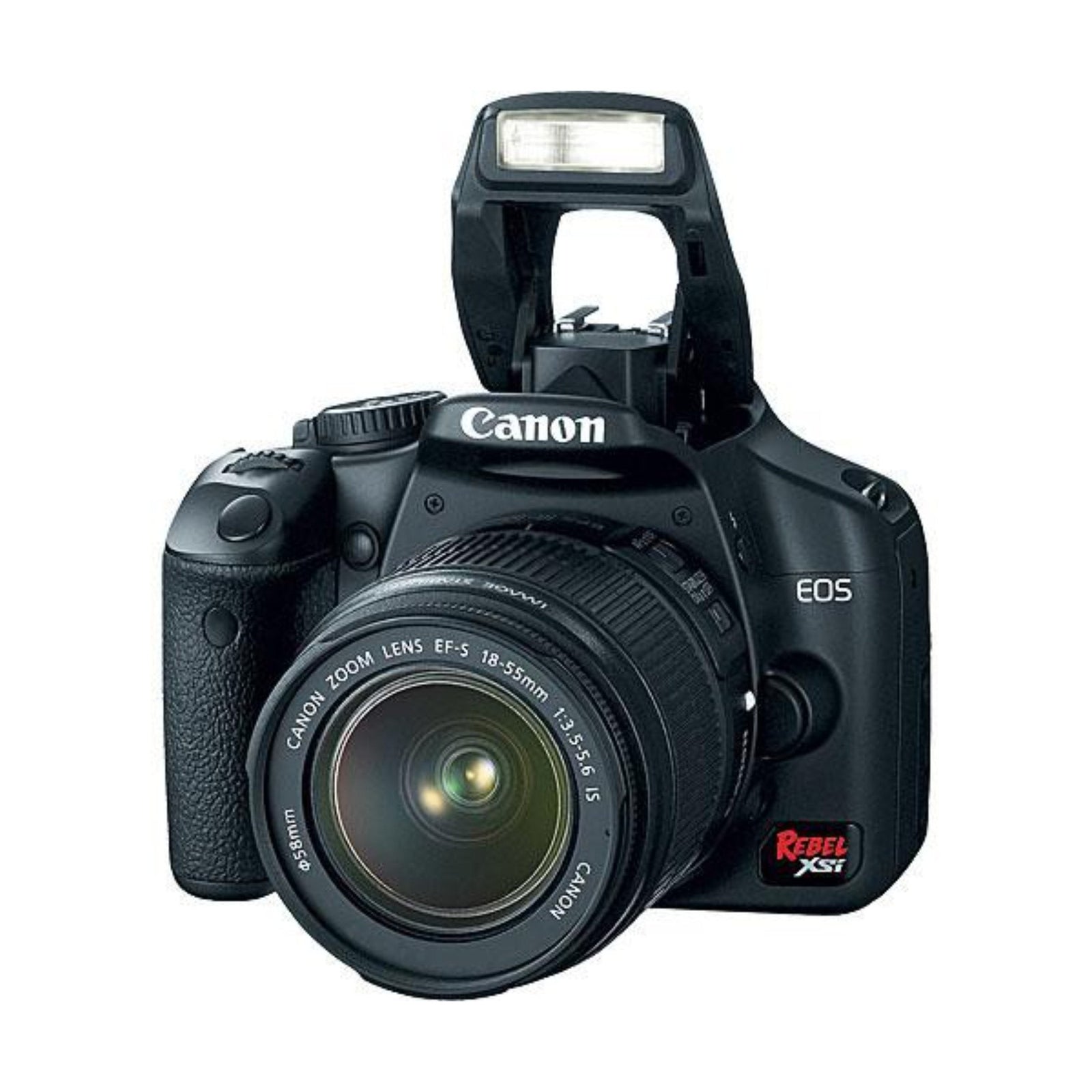 Black Canon EOS Rebel XSi with raised pop-up flash and grip detail from ClubCamera.com