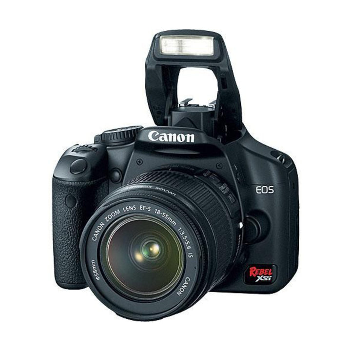 Black Canon EOS Rebel XSi with raised pop-up flash and grip detail from ClubCamera.com