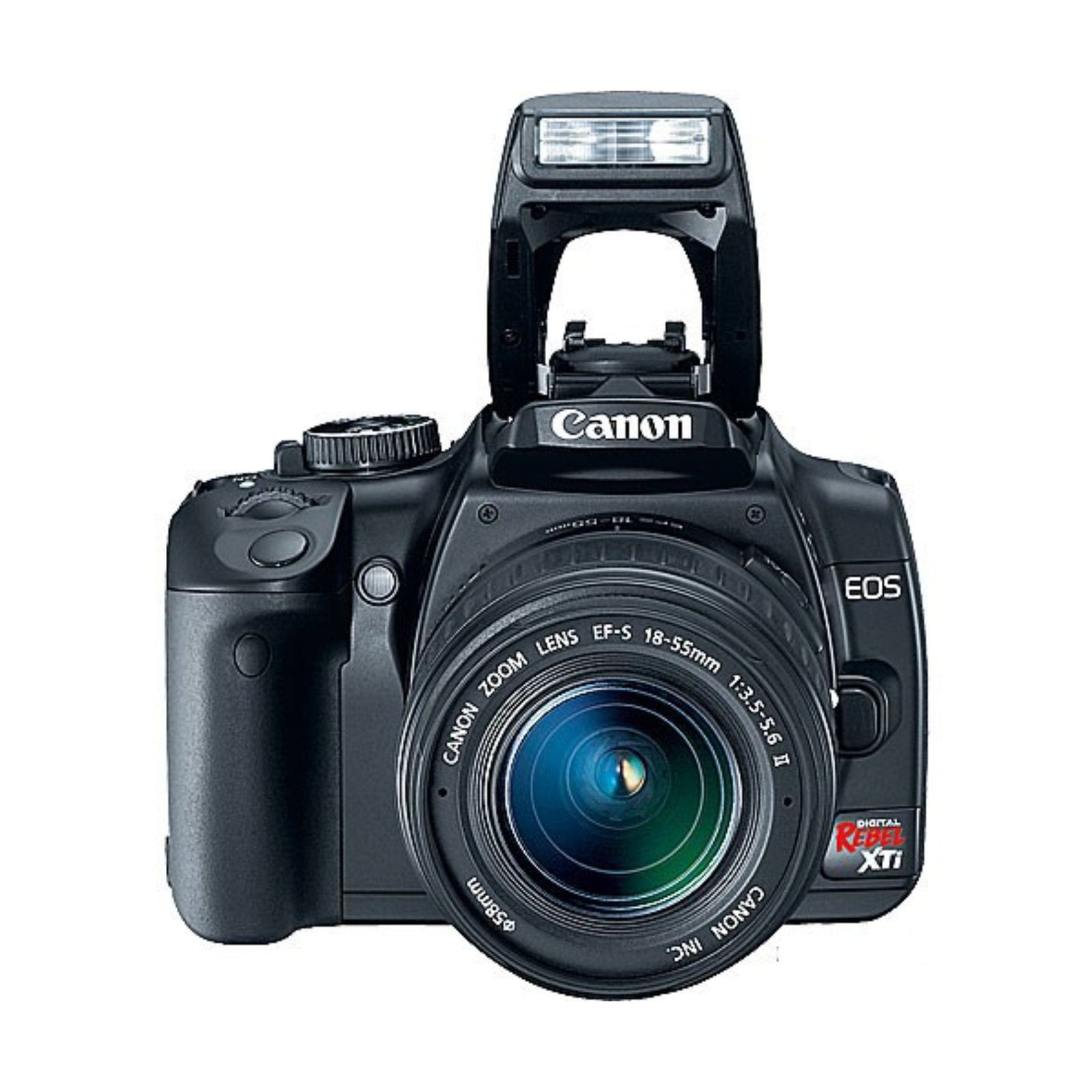 Canon EOS Digital Rebel XTi DSLR kit with EF-S 18-55mm lens and raised flash from ClubCamera.com