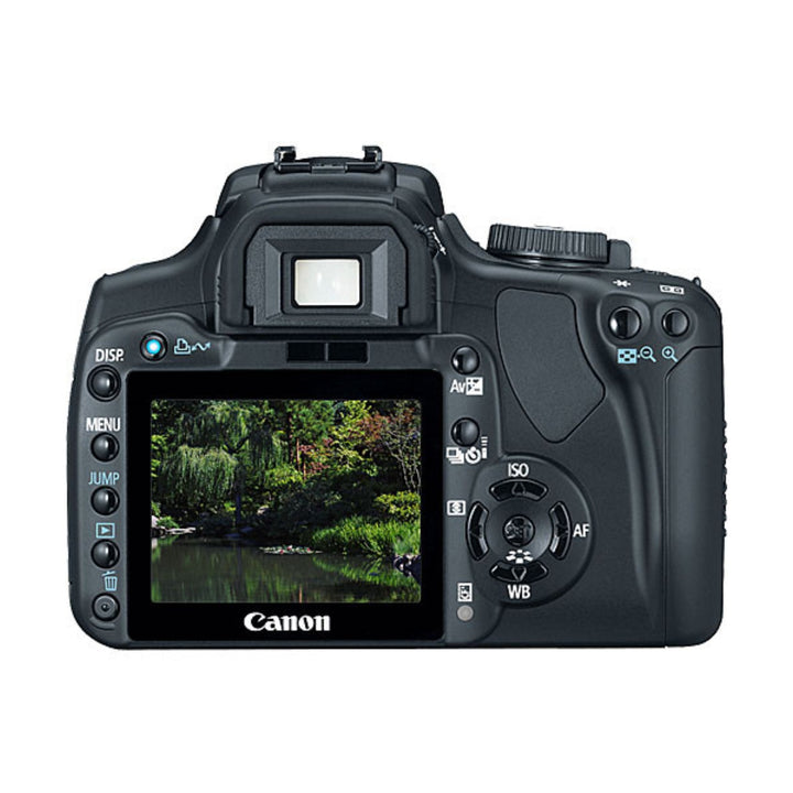 Canon Rebel XTi rear view with LCD showing forest scene and controls at ClubCamera.com