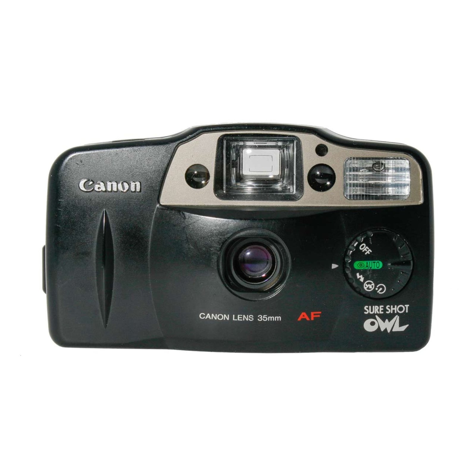 Front black Canon Sure Shot Owl 35mm point-and-shoot film camera with silver lens and ClubCamera.com