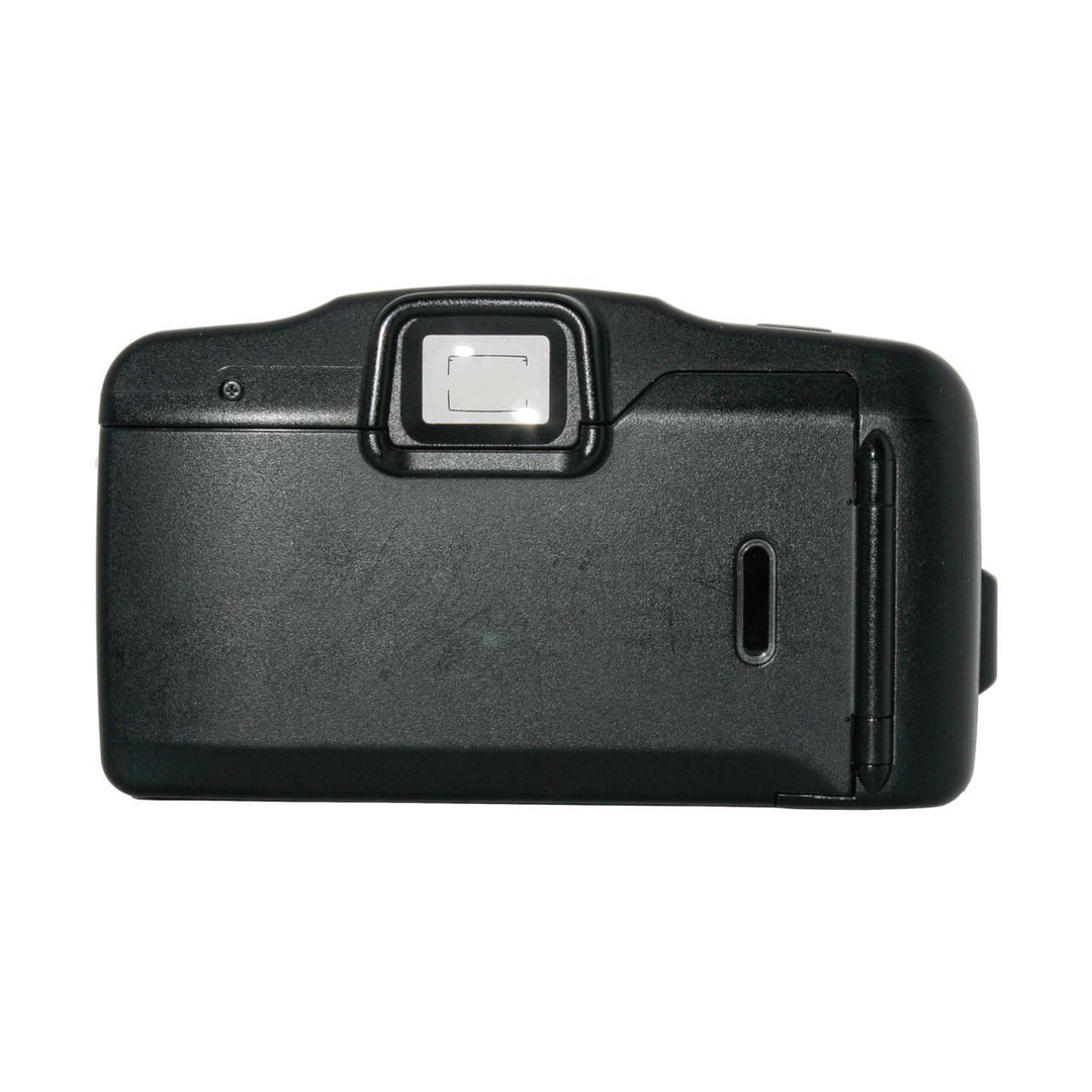 Rear matte black Canon Sure Shot Owl 35mm film camera showing viewfinder window and battery latch at ClubCamera.com