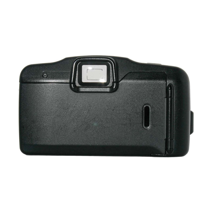 Rear matte black Canon Sure Shot Owl 35mm film camera showing viewfinder window and battery latch at ClubCamera.com