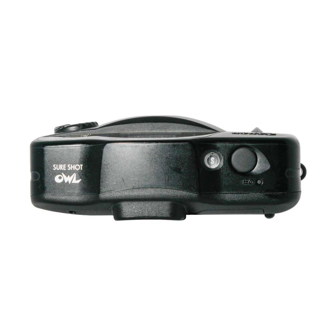 Black textured Canon Sure Shot Owl 35mm film camera top rear view with AUTO dial and ClubCamera.com