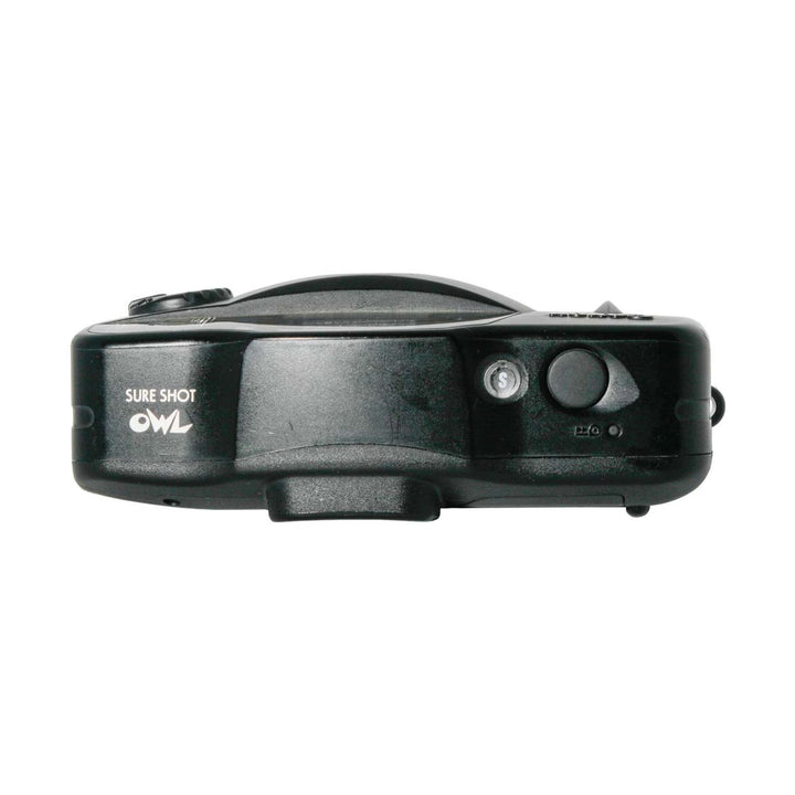Black textured Canon Sure Shot Owl 35mm film camera top rear view with AUTO dial and ClubCamera.com