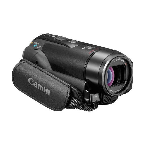 Side profile of compact black Canon VIXIA HF M31 camcorder showing ergonomic faux-leather grip and blue LED light