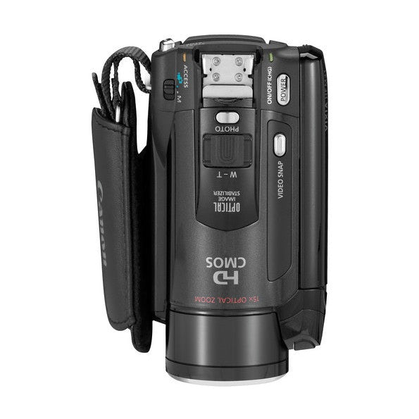 Rear view of black Canon VIXIA HF M31 camcorder with textured matte finish and wrist strap from ClubCamera.com