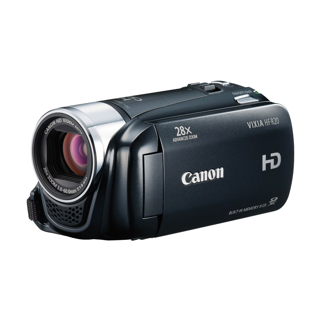 Side profile of black Canon VIXIA HF R20 camcorder with 28x zoom and built-in memory at ClubCamera.com