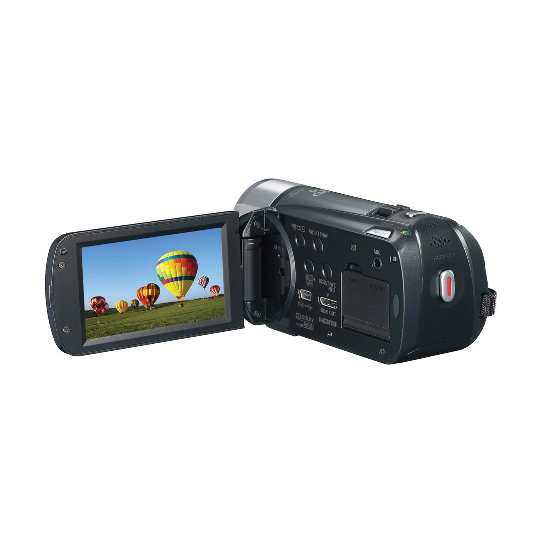 Rear view of Canon VIXIA camcorder with open LCD screen and HDMI ports at ClubCamera.com