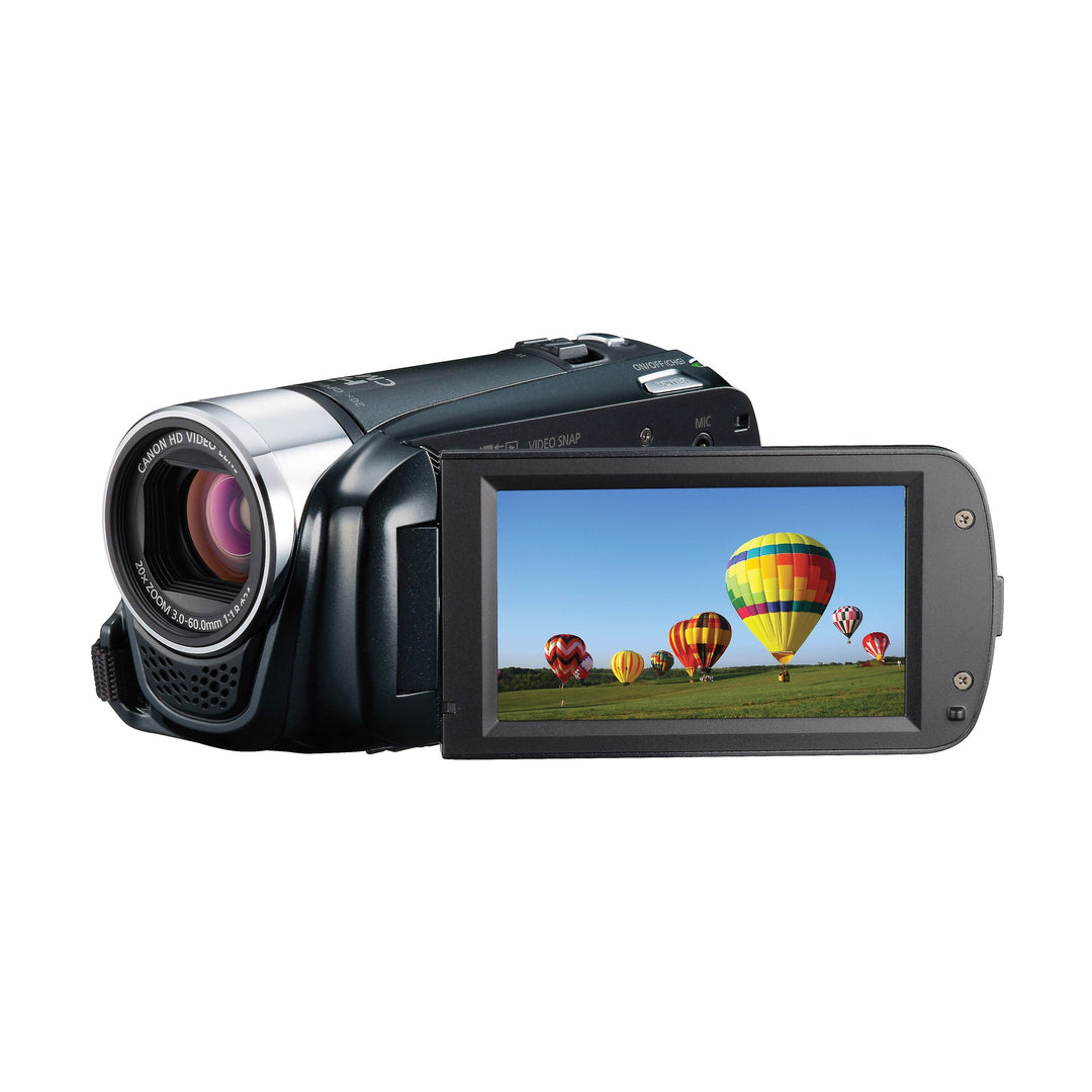 Canon VIXIA camcorder flip-out LCD screen showing hot air balloons for travel videography at ClubCamera.com