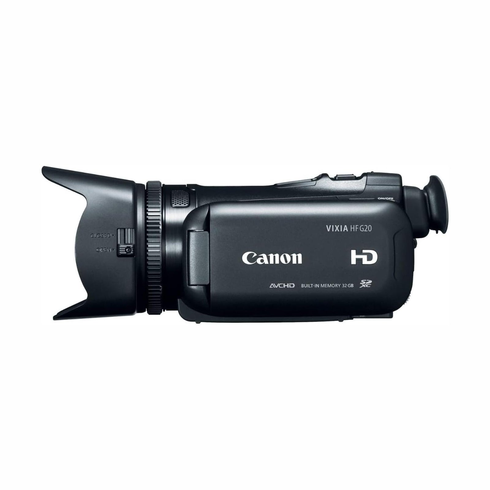 Black Canon VIXIA HF G20 side profile highlighting 32GB built-in memory label and zoom ring, ClubCamera.com