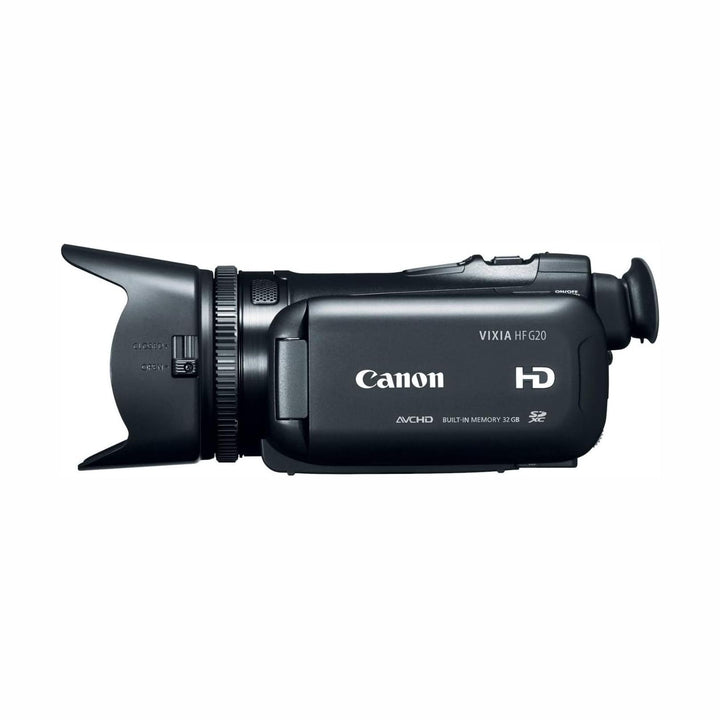 Black Canon VIXIA HF G20 side profile highlighting 32GB built-in memory label and zoom ring, ClubCamera.com