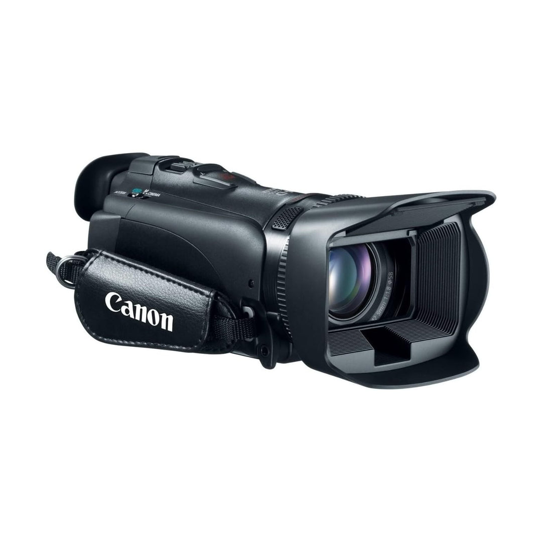 Black Canon VIXIA HF G20 front view with leather wrist strap and F1.8-2.8 lens barrel detail, ClubCamera.com