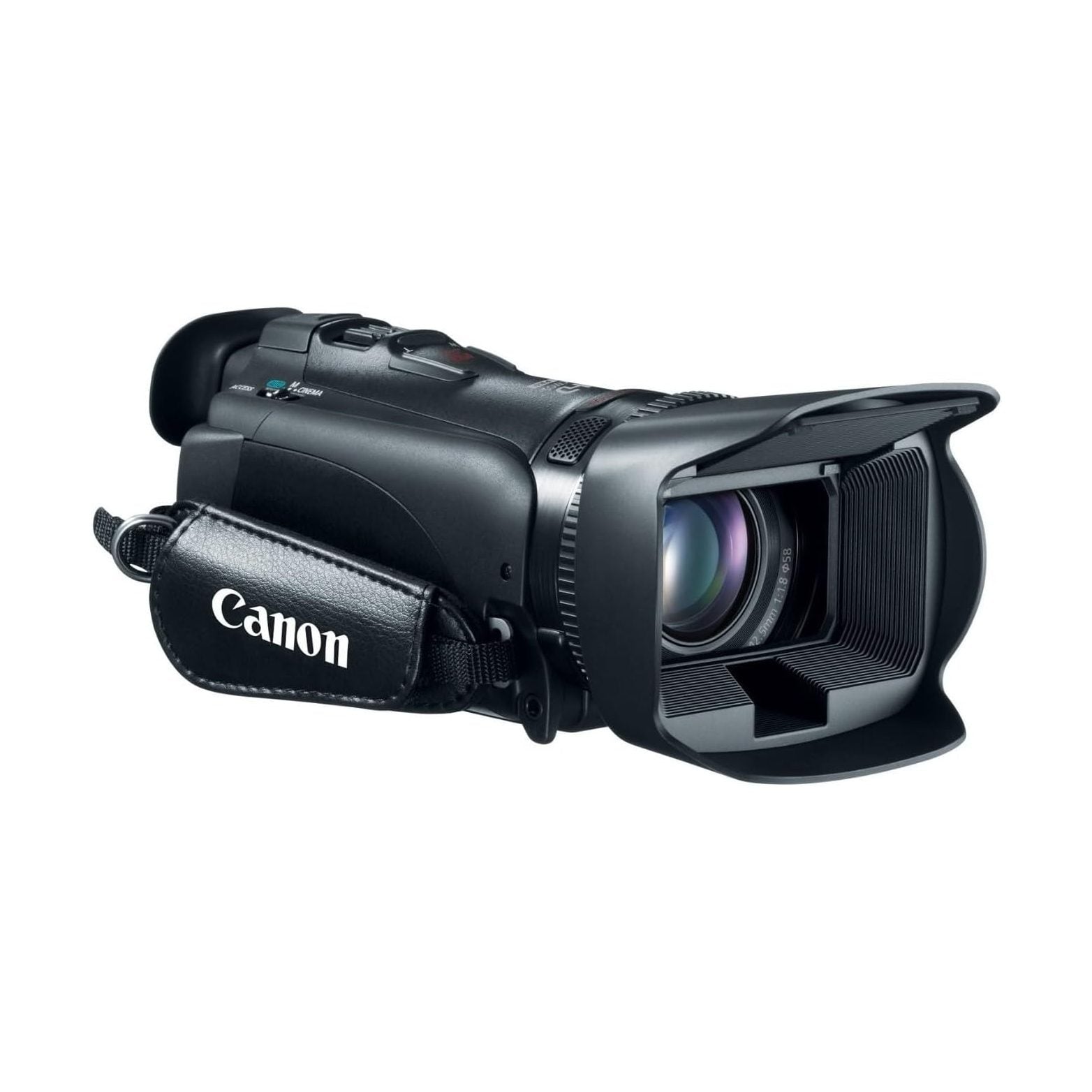Black Canon VIXIA HF G20 front view with leather wrist strap and F1.8-2.8 lens barrel detail, ClubCamera.com