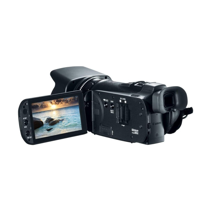 Rear view of black Canon VIXIA HF G20 camcorder with angled LCD screen and labeled control ports, ClubCamera.com