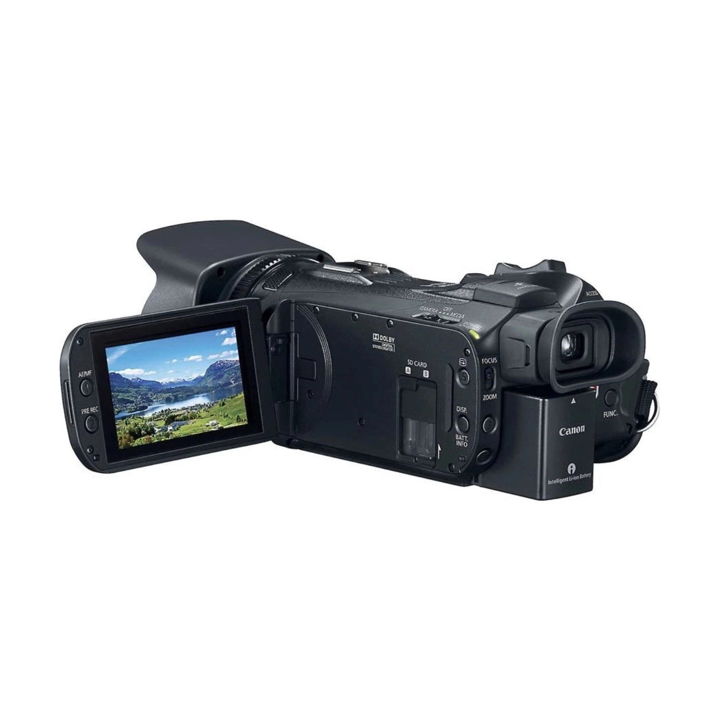 Rear view of black Canon VIXIA HF G21 showing flipped LCD screen and dual SD slots at ClubCamera.com