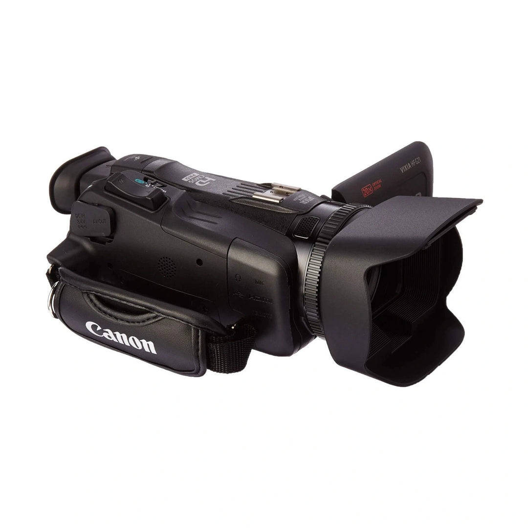 Black Canon VIXIA HF G21 camcorder with textured grip and lens hood at ClubCamera.com