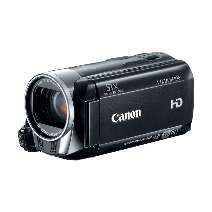 Front black Canon VIXIA HF R30 camcorder with 30x zoom lens and Wi-Fi icon, ClubCamera.com