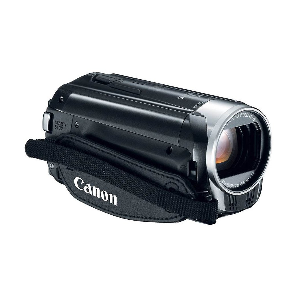 Side profile of black Canon VIXIA HF R30 camcorder with fabric wrist strap and HD video lens, ClubCamera.com