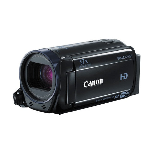 Front black Canon VIXIA HF R60 camcorder highlighting 57x Advanced Zoom lens and Wi-Fi connectivity from ClubCamera.com