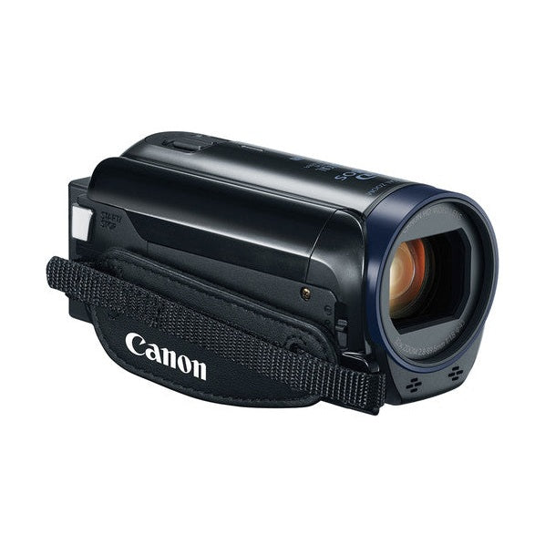 Side profile of black Canon VIXIA HF R60 handheld camcorder with fabric wrist strap for portable video capture at ClubCamera.com