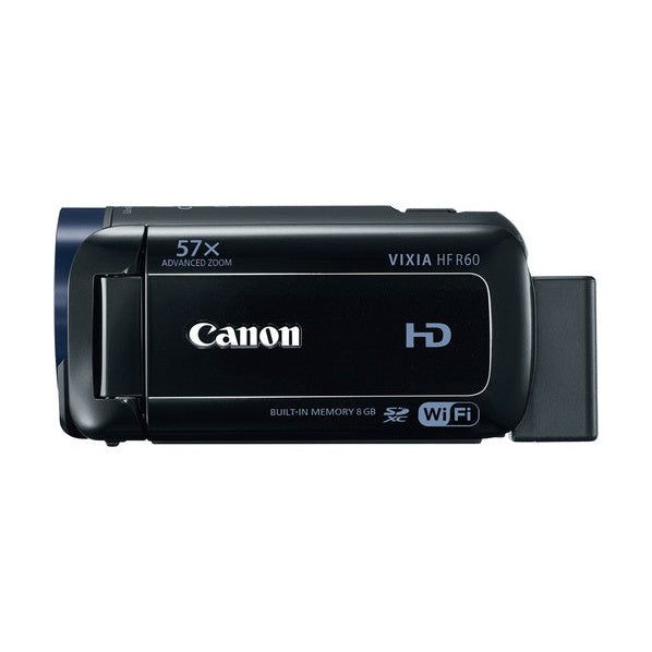 Rear top view of black Canon VIXIA HF R60 camcorder displaying HD specs, built-in memory, and Wi-Fi logo by ClubCamera.com