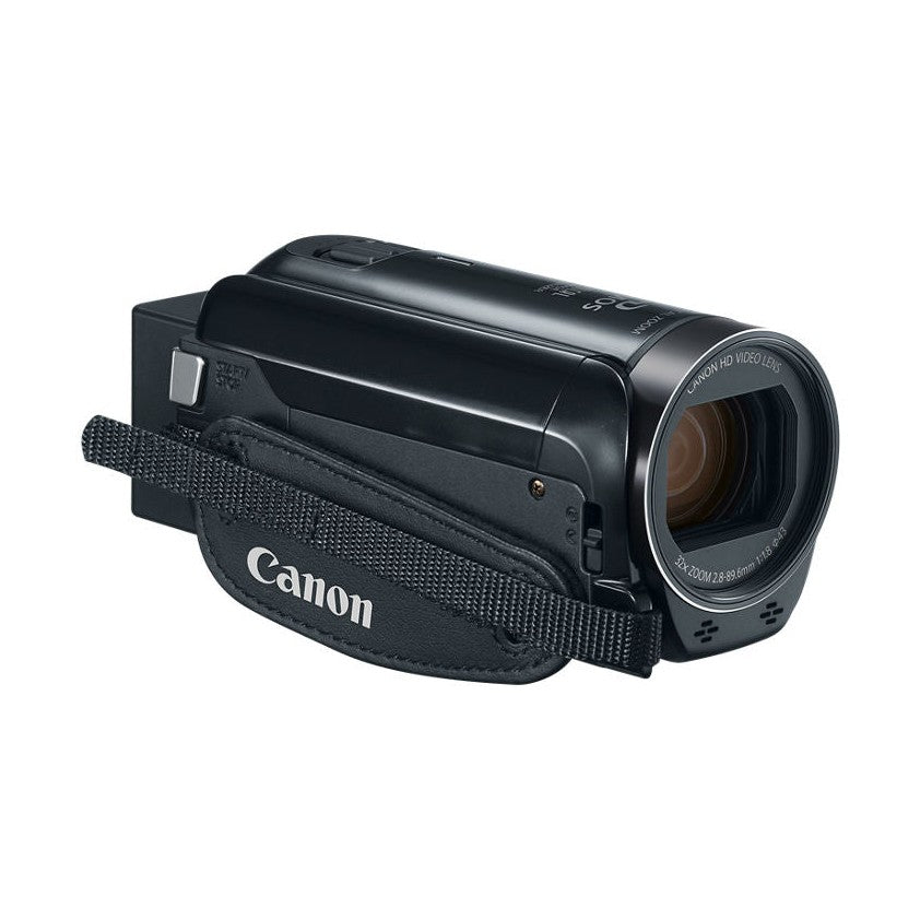 Black Canon VIXIA camcorder with wrist strap and 30x zoom lens for portable recording at ClubCamera.com