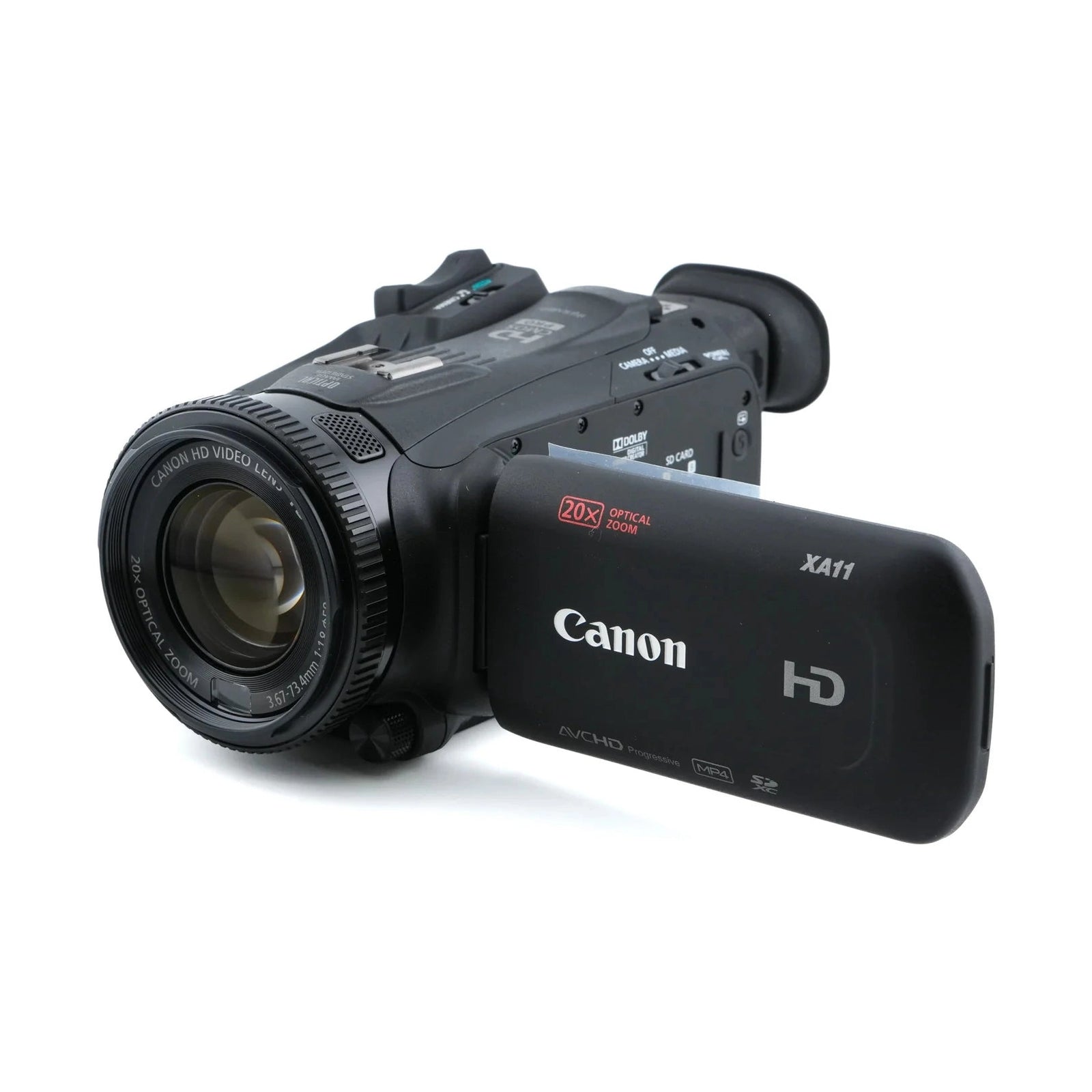 Black Canon XA11 HD camcorder side profile highlighting ribbed focus ring and AVCHD screen icons at ClubCamera.com