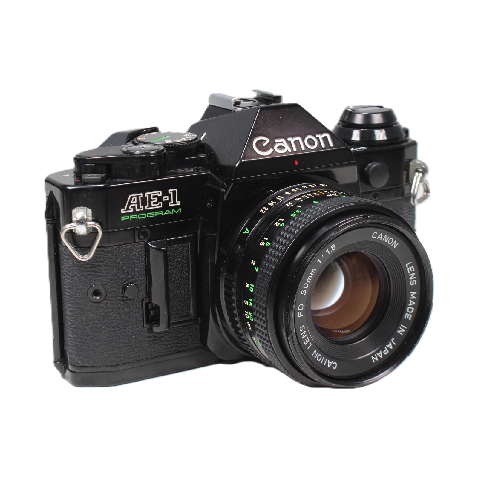 Left profile black Canon AE-1 Program vintage film camera with grip at ClubCamera.com