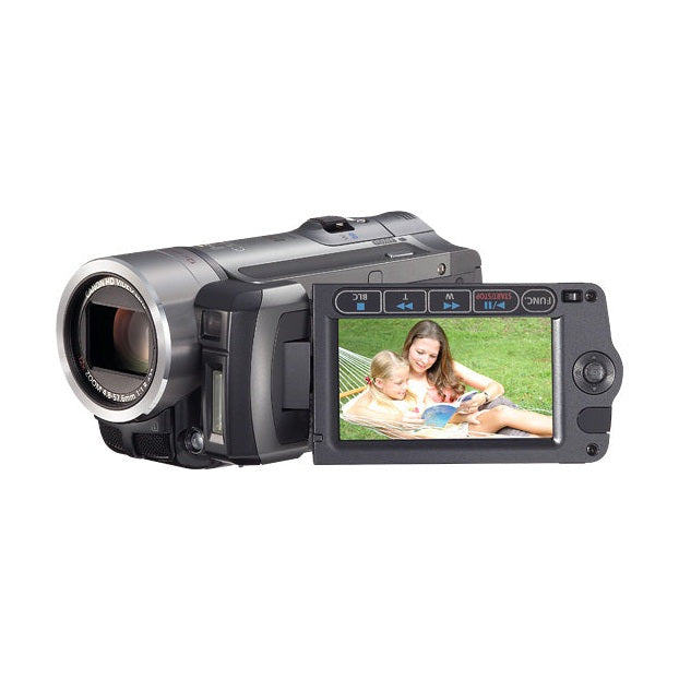 ClubCamera.com Canon VIXIA HF10 silver black camcorder with 12x optical zoom lens and flip-out LCD showing family scene